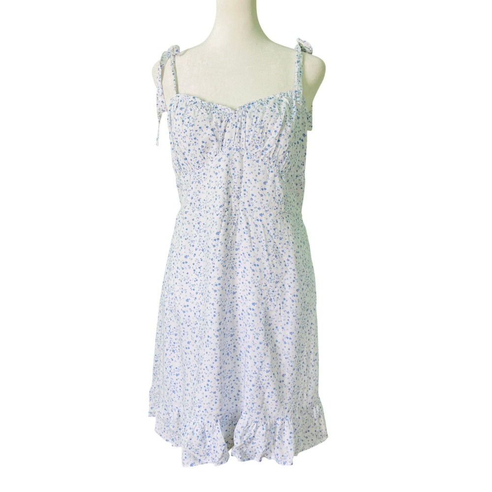 Hollister Babydoll Mini Sundress White Blue Ditsy Floral Lined Ruffle (Size L)